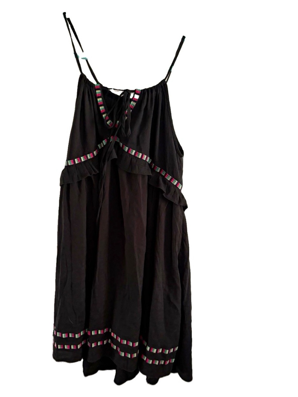 Andrée Women’s m Black Sundress Tie Neck multicolor Ruffle Trim Casual Resort